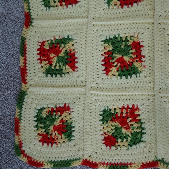 Handmade Crocheted Butter Yellow Red Green Throw Lap Blanket Afghan Granny 24x30 - Picture 2 of 11